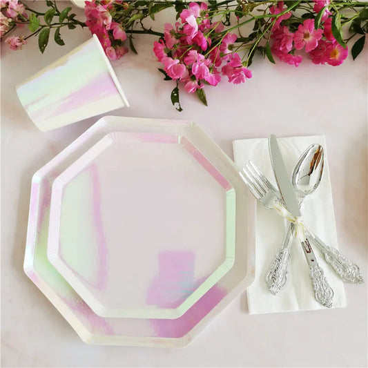 Rose Gold Disposable Tableware sets Paper Plates/cups/straws Iridescent Wedding Birthday Party Decor rainbow Dish Party Supplies Good Vibrations