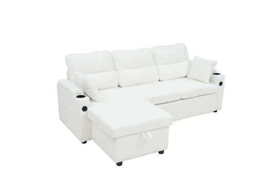 Convertible Sleeper Sofa 2in1, LShaped Sectional Futon Bed with Storage, USB Ports, Cup Holders, and Reversible Chaise Good Vibrations