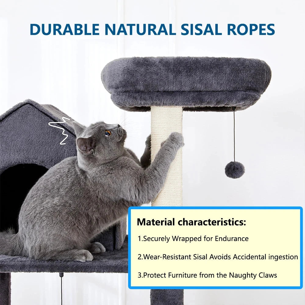 60-Inch Indoor Cat Tower with Cozy Plush Hammock 2 Hanging Balls Top Perch Sisal Scratching Posts Multi-Level Cat Tree Bed Good Vibrations