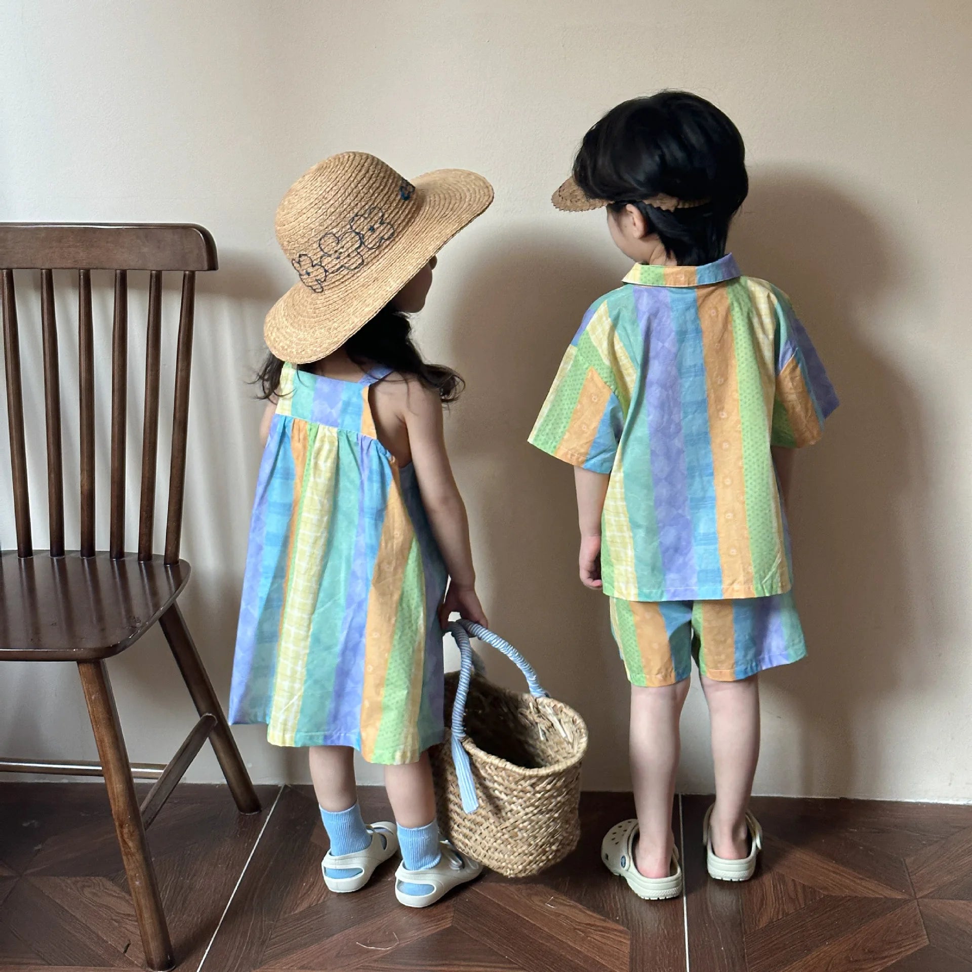 Children's Summer Set Boys Cotton 2024 New Baby Summer Dress Western Style Girls Dress Sister and Brother Good Vibrations