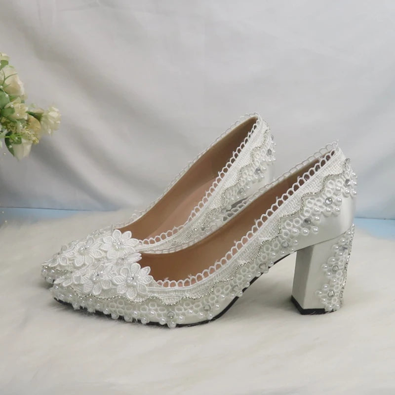 BaoYaFang New Arrival Thick Heel Pointed Toe Womens Wedding Shoes High Heels ladies fashion shoes woman White Lace ankle strap Good Vibrations