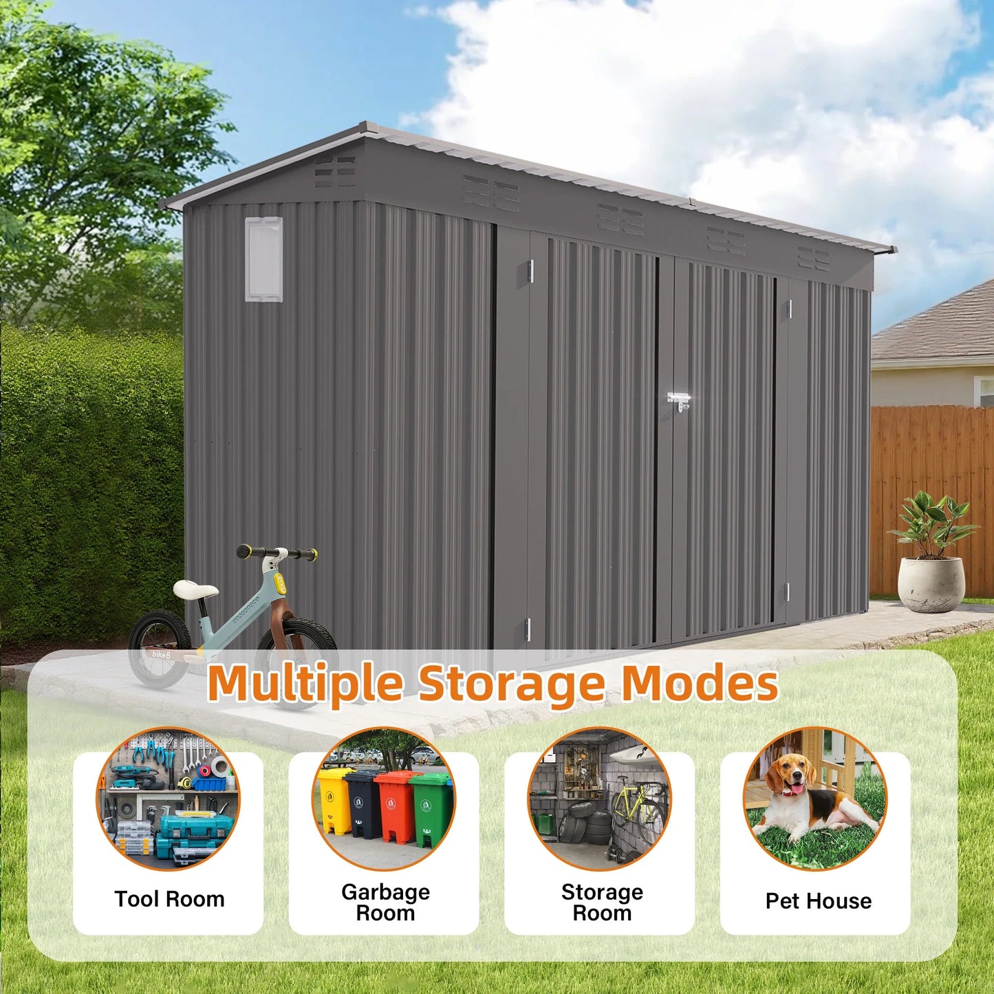 9X4FTfree Shipping in Stock Gray Metal Garden Shed for Tools Sloping Roof 6 Vents 2 Swing Doors Steel Frame for Backyard Patio Good Vibrations