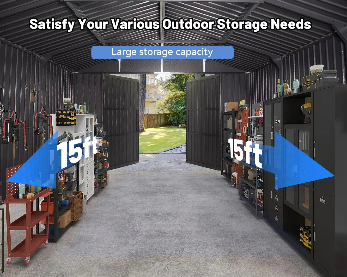 12x15 FT Outdoor Heavy Duty Metal Garage Shed Lockable Double Hinged Doors Extra Large Carport for Cars Trucks Lawn Equipment Good Vibrations