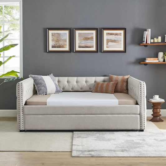 Daybed with Trundle Upholstered Tufted Sofa Bed With Button and Copper Nail on Square Arms Full Daybed and Twin Trundle Good Vibrations