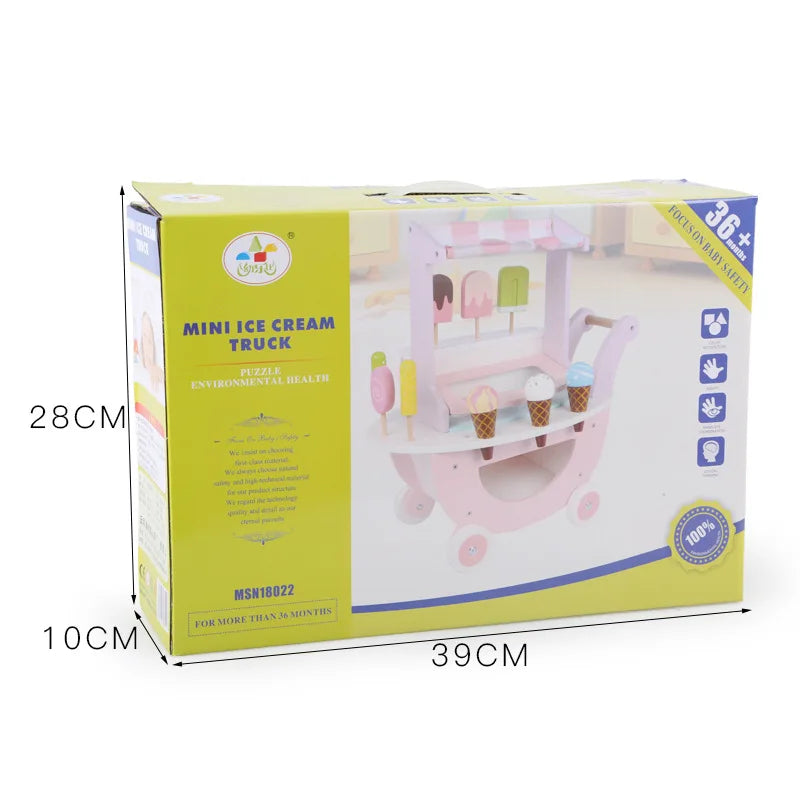 Children's Wood Trolley Playhouse Ice Cream Vending Machine Pretend Play Set Kids' Role Shopping Cart Toy Good Vibrations