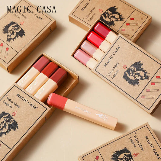 MAGIC CASA 4-Piece Matchstick Lip Gloss Gift Box Set Beauty Matte Lipstick Waterproof Non-Stick Cup Vegan Lip Glaze Good Vibrations