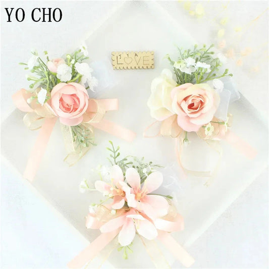 Wedding Groom Boutonniere Bride Bridesmaid Women Hand Wrist Flower Silk Rose Boutonniere Buttonhole for Marriage Party Flower Good Vibrations