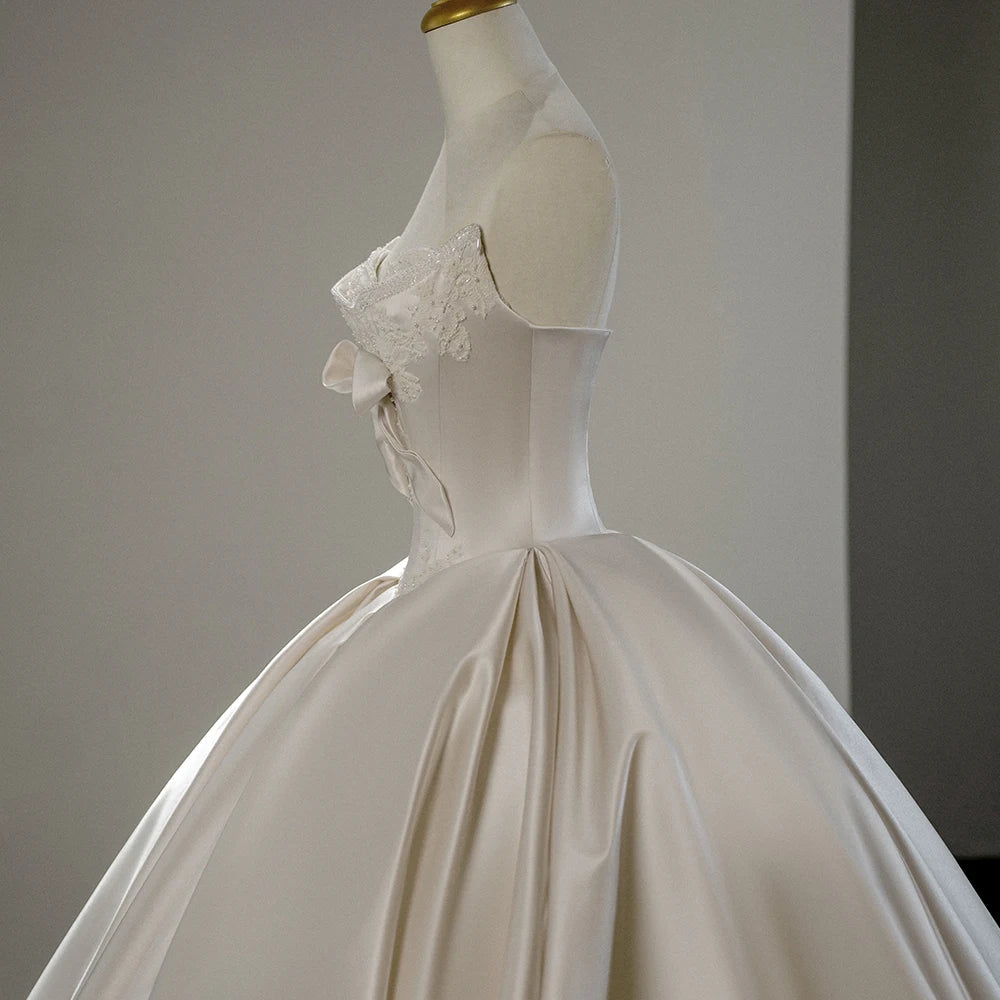 Satin Beaded Appliqued Bow Long Tail Bridal Ball Gown Wedding Dress Sfy184 Good Vibrations