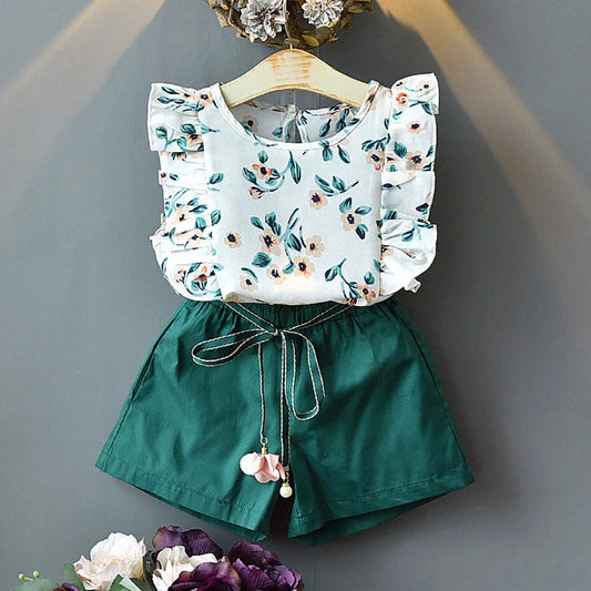 Girls Clothing Ruffle Sleeveless T-shirt+Skirt 2PCS Sets Baby Girls Clothes Chiffon Flower Print Toddler Outfits Children A402 Good Vibrations
