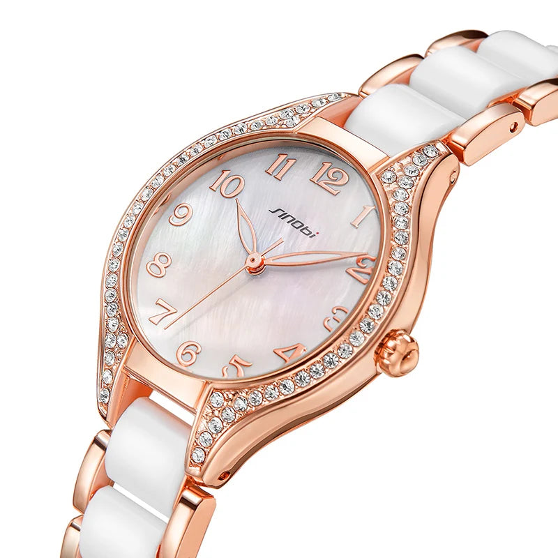 Sinobi Ceramic Band Luxury Diamond Wristwatch Jam Tangan 3ATM Water Resistant Quartz Watch Box Pack MIYOTA 2035 Movement Female Good Vibrations