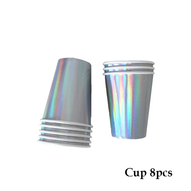 Rose Gold Disposable Tableware sets Paper Plates/cups/straws Iridescent Wedding Birthday Party Decor rainbow Dish Party Supplies Good Vibrations