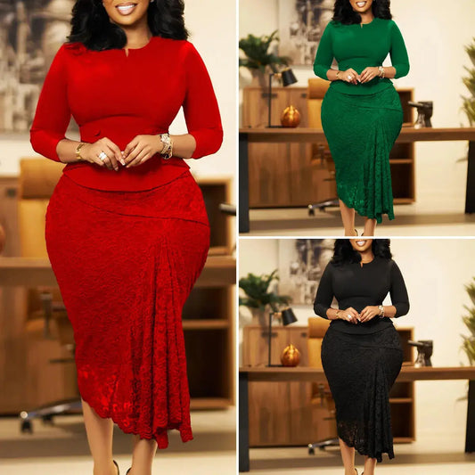 D559 Trendy Spring Dresses Women Casual Elegant Lace Patchwork Three Quarter Sleeve O-Neck Office Lady Dress African Dress Good Vibrations