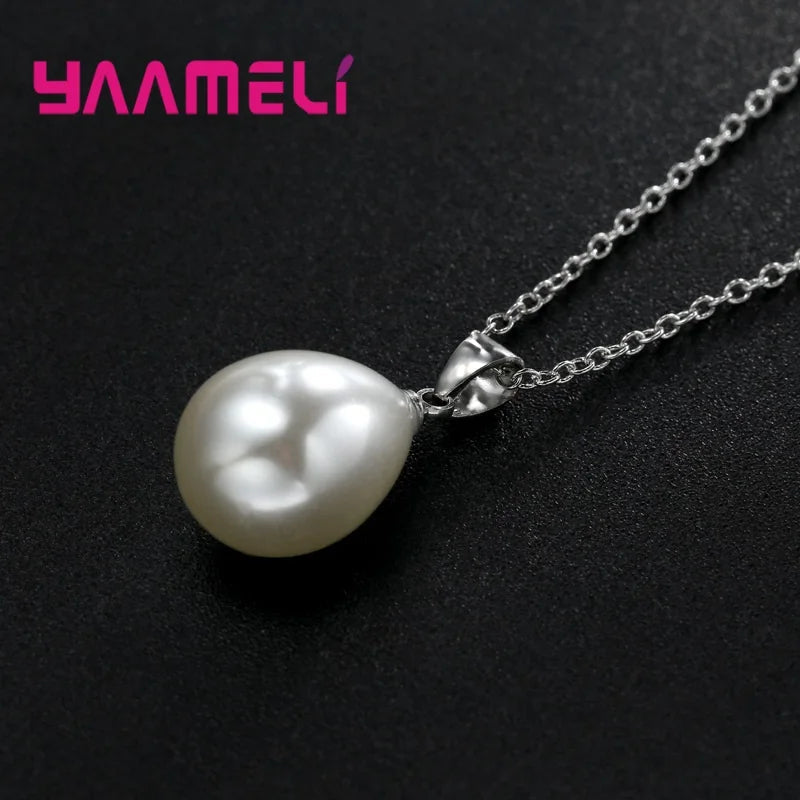 925 Sterling Silver Color Pearl Pendant Necklace Loop Hoop Earrings White Teardrop Women Girls Wedding Party Nice Gifts Good Vibrations Adult Super Store