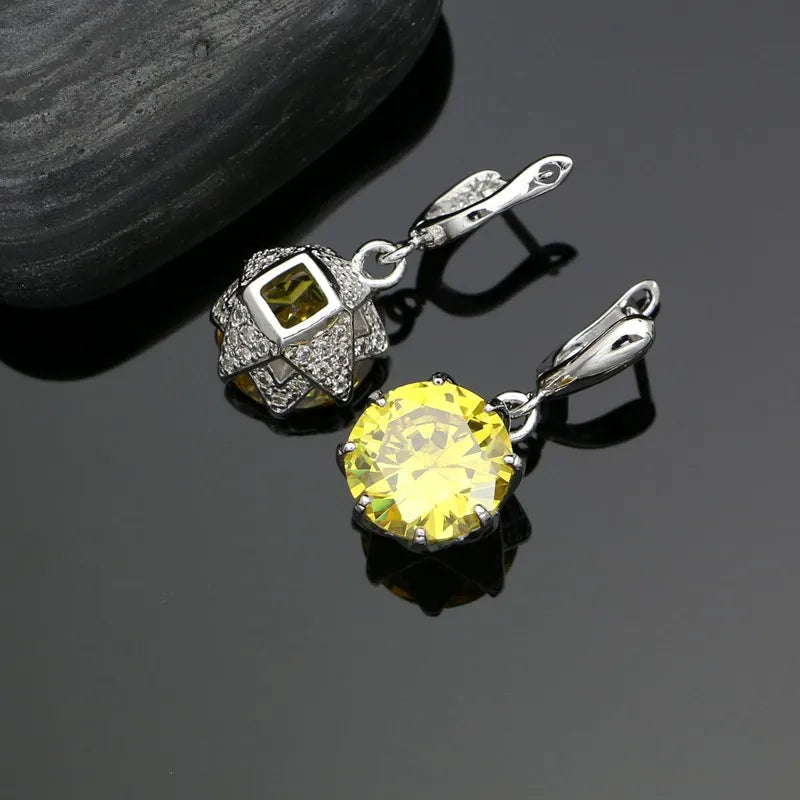 925 Sterling Silver Bridal Jewelry Sets For Women Yellow Cubic Zirconia Earrings Pendant Ring Bracelet Necklace Set Good Vibrations