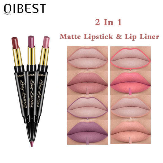 QIBEST 2 In 1 Matte Lipstick Lip Liner Nude Lipliner Makeup Waterproof Lipstick Pen Long Lasting Lip Pencil Makeup Lips Cosmetic Good Vibrations