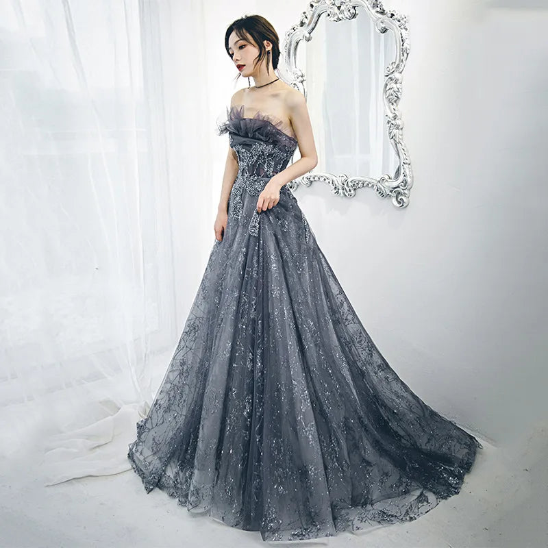 S7908F New High -quality Hot -selling Blue Tube Top Starry Sky Plus Size Evening Dresses Women Lady Elegant Ball Gown Good Vibrations