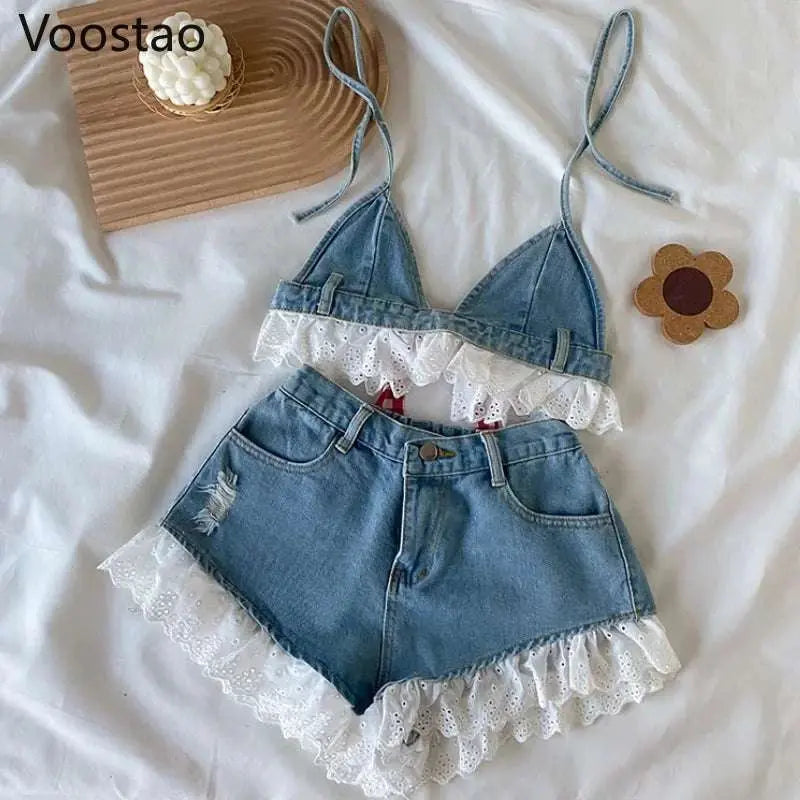 Sweet Lolita style denim shorts set with lace bandage camisole and ruffle trim by Voostao, ideal for summer fashion.