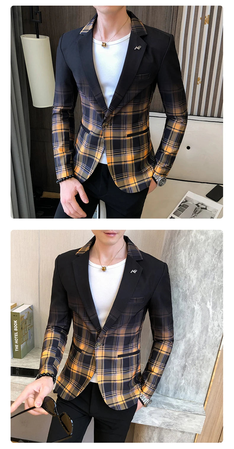 Blazer Men Boutique Fashion Plaid Men's Slim Casual Suit Jacket Male Ball Social Blazer Suit Coat Host Clothing Good Vibrations