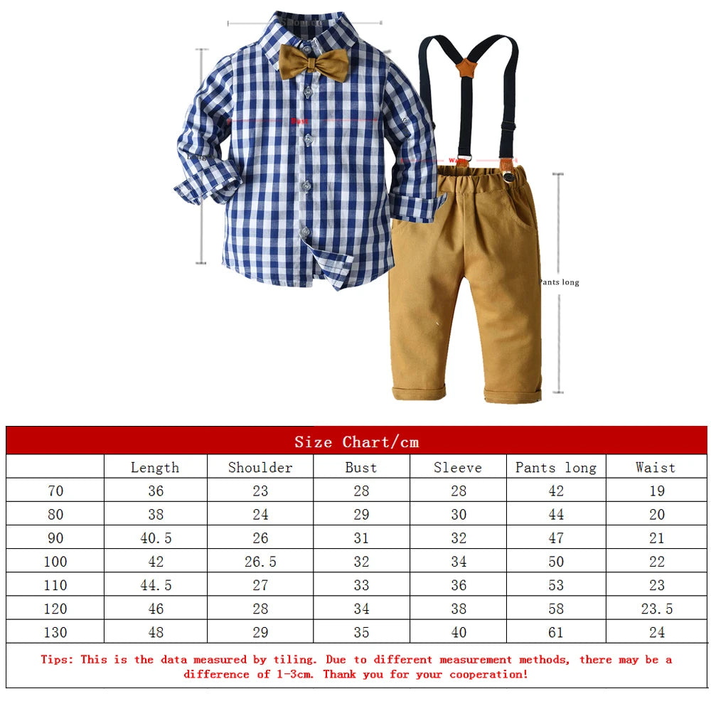 Top and Top Boys Clothing Sets Springs Autumn New Kids Boys Long Sleeve Plaid Bowtie Tops+Suspender Pants Casual Clothes Outfit Good Vibrations