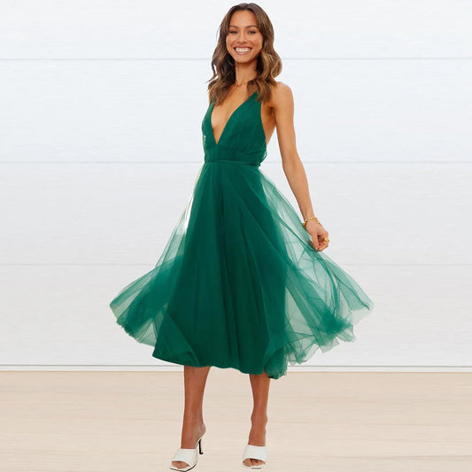 Wholesale Women Summer Slip Dresses Sleeveless Europe Sexy V-Neck Backless Mesh Bridesmaid Party Casual Dress Good Vibrations