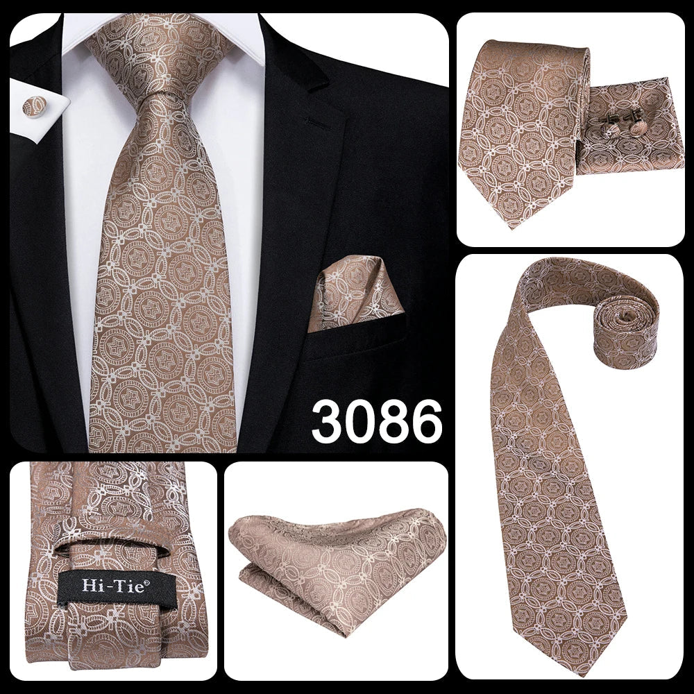 Hi-Tie Champagne Gold Striped Paisley Solid Men Silk Wedding Tie Fashion Design Necktie For Men Hanky Cufflink Business Party Good Vibrations