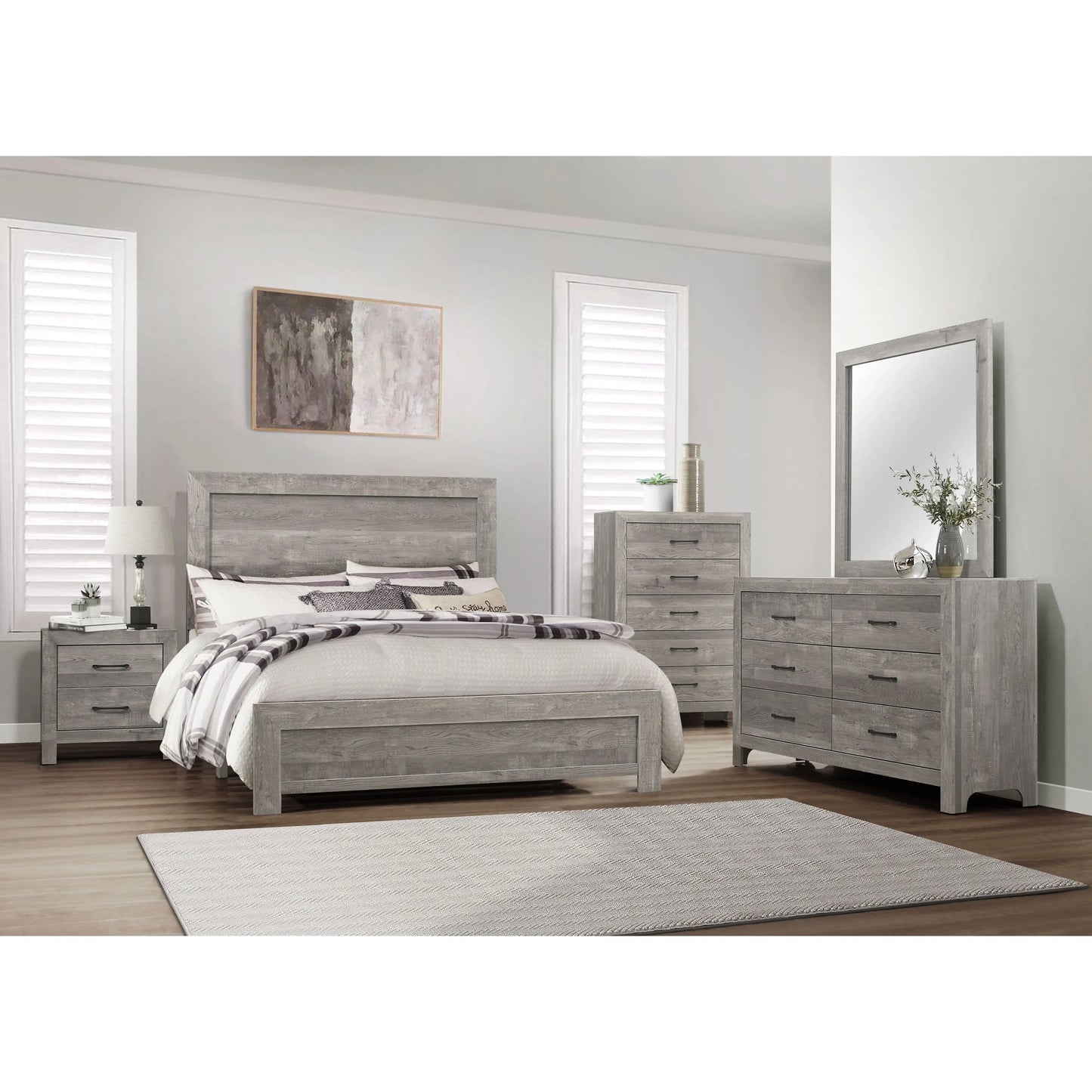 DB Rustic Gray Finish Wooden Full Size Panel Bed Bedroom Furniture in a Box Includes Mattress Good Vibrations