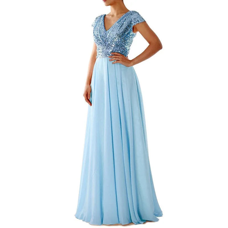 New Spring and Summer Women's V-neck Sequin Patchwork Elegant Formal Long Gown Evening Dresses 2024 Good Vibrations