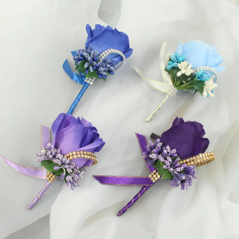 YO CHO Wedding Bouquet Artificial Rose Flowers Blue Brooch Corsages Glitter Rhinestone Ribbon Lace Classic Prom Boutonniere Pins Good Vibrations