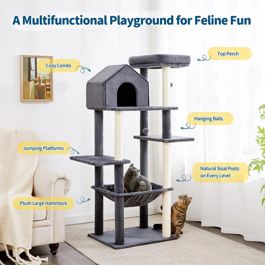 60-Inch Indoor Cat Tower with Cozy Plush Hammock 2 Hanging Balls Top Perch Sisal Scratching Posts Multi-Level Cat Tree Bed Good Vibrations