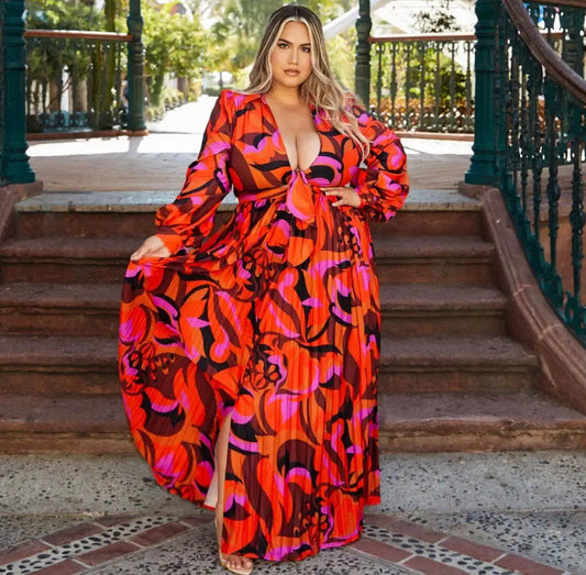 Liu Ming Elegant 2024 Summer Women Outfits Sexy V Neck Printed Long Sleeves Top Vacation Slit Skirt Suit Good Vibrations