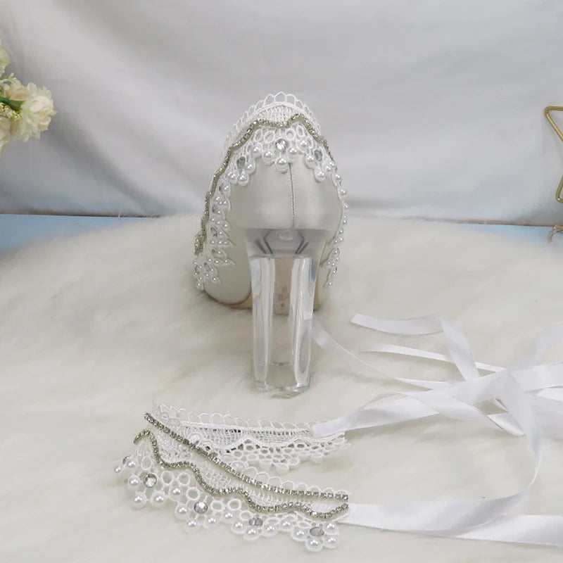 BaoYaFang New Arrival Thick Heel Pointed Toe Womens Wedding Shoes High Heels ladies fashion shoes woman White Lace ankle strap Good Vibrations