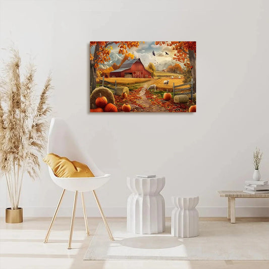Looife Autumn Farmhouse Canvas Wall Art - Red Barn, Pumpkins & Fall Foliage Scene, Rustic Country Home Decor Good Vibrations