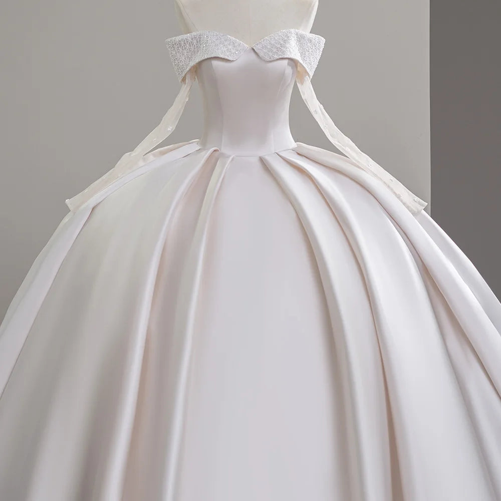 Luxury Satin Wedding Dress Court Train Elegant Boat Neck Princess Wedding Gown Plus Size Custom Made Sfy42