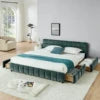 Modern Tufted Upholstered Wood Bed Frame with Storage Drawers Soft Bedroom Furniture Good Vibrations