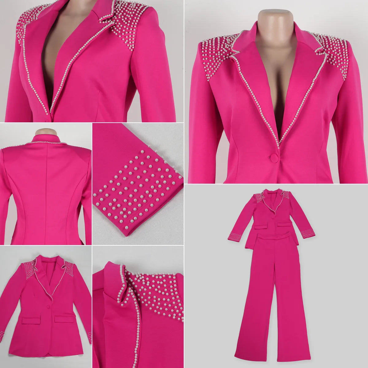 K3332 High Quality Ladies Suits Office Wear Beaded Long Sleeve Slim Elastic Suit and Pants Two Piece Blazer Set Business Suits Good Vibrations