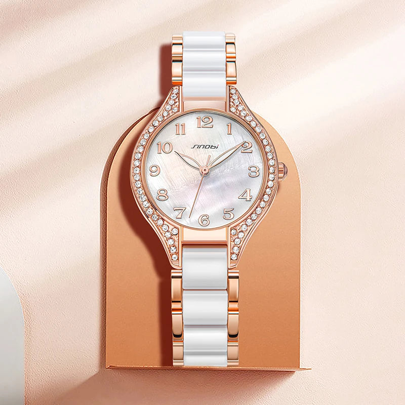 Sinobi Ceramic Band Luxury Diamond Wristwatch Jam Tangan 3ATM Water Resistant Quartz Watch Box Pack MIYOTA 2035 Movement Female Good Vibrations