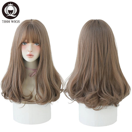 7JHHWIGS Long Wavy Synthetic Black Wigs For Women With Fringe Fashion Heat Resistant Mid-Length Daily Straight Light Brown Hair Good Vibrations