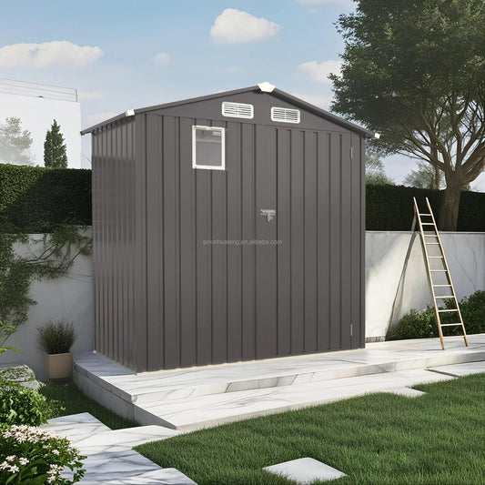 6*3.5FT Free Ship Instock Warehouse Metal Outdoor Storage Shed with Pitched Roof Waterproof with Front Window and Hinged Door Good Vibrations