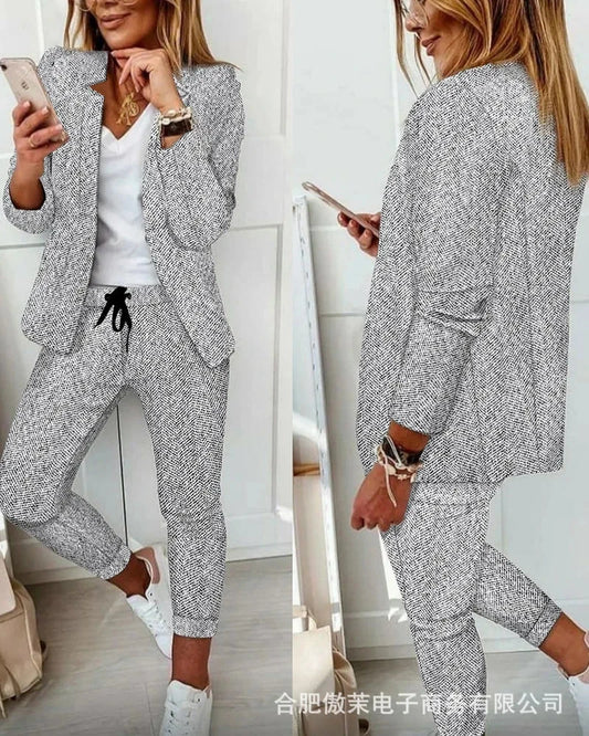 Ladies Commuter Wear Notched Collar Long-Sleeve Suit Jacket Casual Pants Elegant Office Work Clothes 2023 Fashion Two-Piece Set Good Vibrations