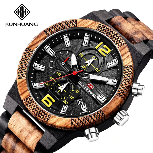 Men's Wood Watches Luxury Luminous Multi-function Wooden Watch Men's Quartz Retro Watch Men Fashion Sport Timepieces Relogio Good Vibrations