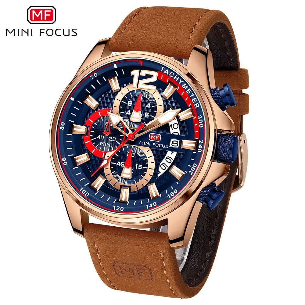 MINI FOCUS MF0350G MF 0350 Fashion Men`s Wristwatches Quartz Clock Leather Strap Waterproof Luminous Hands Watches for Men Reloj Good Vibrations