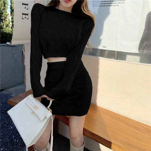 Elegant Fall Winter Knitted 2 Piece Set Chic Women Sexy O Neck Sweater Crop Top + Bodycon Mini Skirt Korean Suit Good Vibrations Adult Super Store