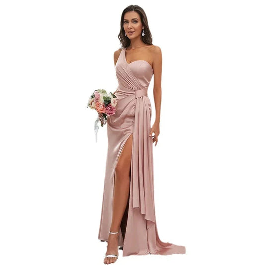 S1036H 2023 New Solid Color One-shoulder Slit Long Banquet Host Evening Dress Good Vibrations