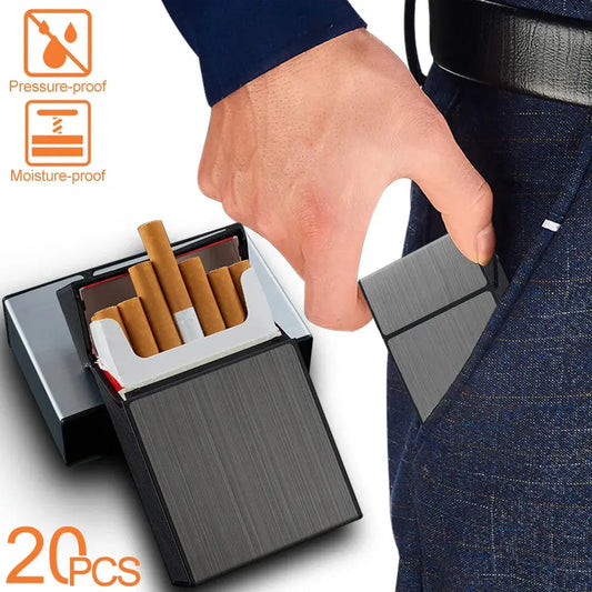 Portable cigarette case with 20pcs capacity, metal construction, and sleek design fitting into a pocket.
