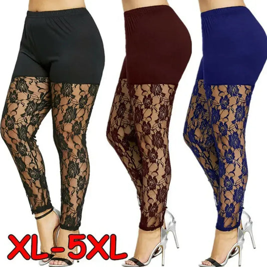 Size 4XL Leggings for Women High Waist Pencil Pants Skinny Lace Hollow Out Floral Tight Trouser Casual Women Homewear Good Vibrations