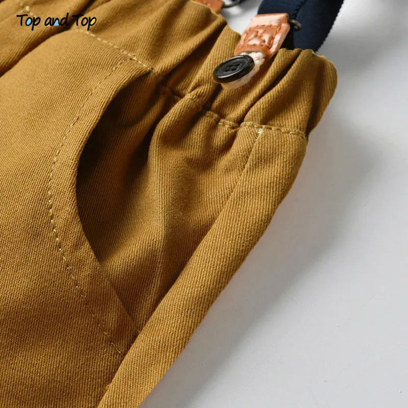 Top and Top Boys Clothing Sets Springs Autumn New Kids Boys Long Sleeve Plaid Bowtie Tops+Suspender Pants Casual Clothes Outfit Good Vibrations