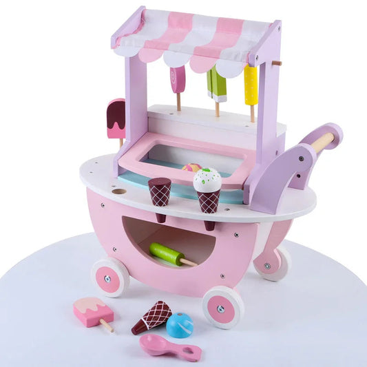 Children's Wood Trolley Playhouse Ice Cream Vending Machine Pretend Play Set Kids' Role Shopping Cart Toy Good Vibrations