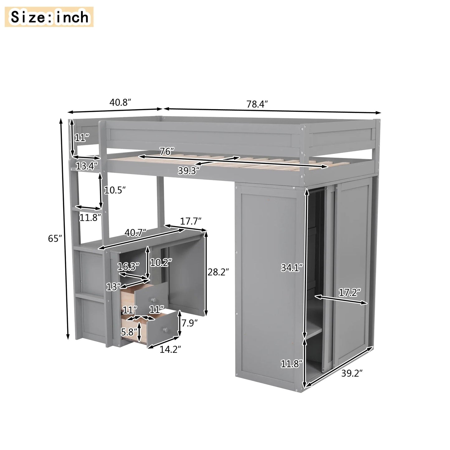 Wood Twin Size Loft Bed With Wardrobes and 2-Drawer Desk With Cabinet in Gray Color Good Vibrations