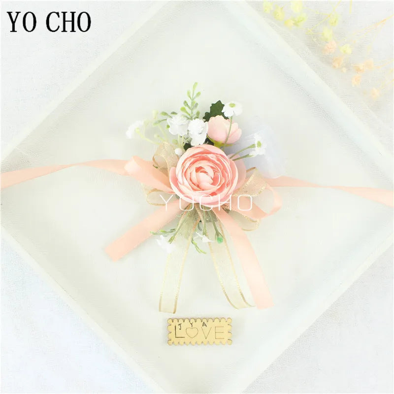 Wedding Groom Boutonniere Bride Bridesmaid Women Hand Wrist Flower Silk Rose Boutonniere Buttonhole for Marriage Party Flower Good Vibrations