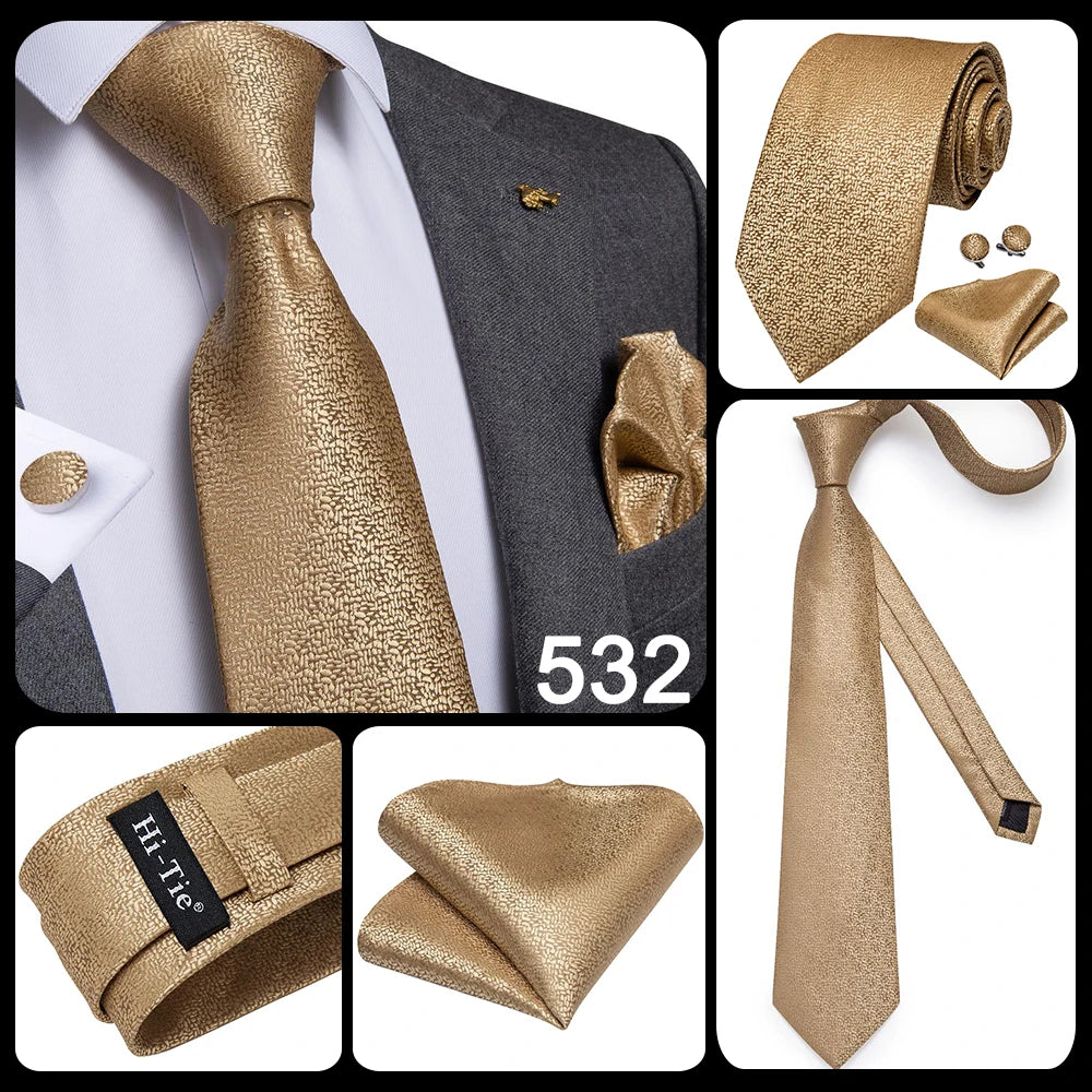 Hi-Tie Champagne Gold Striped Paisley Solid Men Silk Wedding Tie Fashion Design Necktie For Men Hanky Cufflink Business Party Good Vibrations